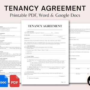 May include: Three white Tenancy Agreement documents are displayed, with the title "TENANCY AGREEMENT" at the top. The documents are labelled "Printable PDF, Word & Google Docs". Icons for Word and PDF files are at the bottom.