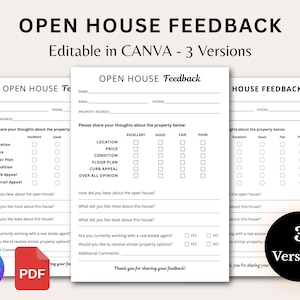 Könnte beinhalten: Drei Versionen eines Open-House-Feedback-Formulars, bearbeitbar in Canva. Die Formulare sind weiß mit schwarzem Text, einschließlich Feldern für Name, E-Mail und Adresse. Die Formulare enthalten eine Bewertungsskala.