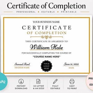 Può includere: Un modello di certificato di completamento con bordo dorato, tipografia nera con grazie e corsiva, e segnaposto per nome dell'azienda, nome del destinatario, titolo del corso, nome del formatore, data e logo, con icone Canva.