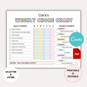 Editable Chore Chart for Kids, Kids Daily Weekly Responsibility Chart, Kids Chore List, Kids Daily Routine Checklist, Printable, PDF, CANVA