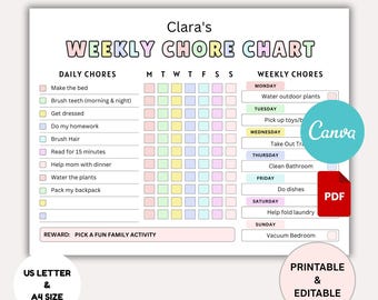 Tabella delle faccende domestiche modificabile per bambini, lista di controllo della routine giornaliera e settimanale, tabella delle responsabilità dei bambini, modello stampabile in Canva e PDF.