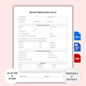 Rental Application Form Printable, Landlord Rental Application Template, Tenant Rental Application, Lease Application Word, Google Docs, PDF