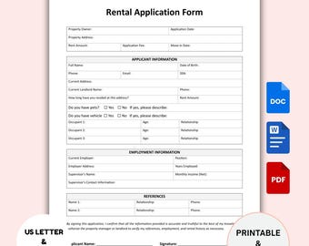 Rental Application Form Printable, Landlord Rental Application Template, Tenant Rental Application, Lease Application Word, Google Docs, PDF