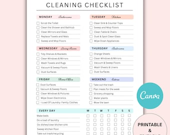 May include: A printable and editable cleaning checklist on a white background. The checklist is divided into days of the week, with tasks for bathrooms, kitchen, living room, bedrooms, home office, and extras. The Canva logo is visible.