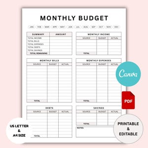 Monthly Budget Planner Template Printable | Spending Tracker | Budgeting Template | Money Tracker | Budgeting Worksheet | Budget Journal PDF