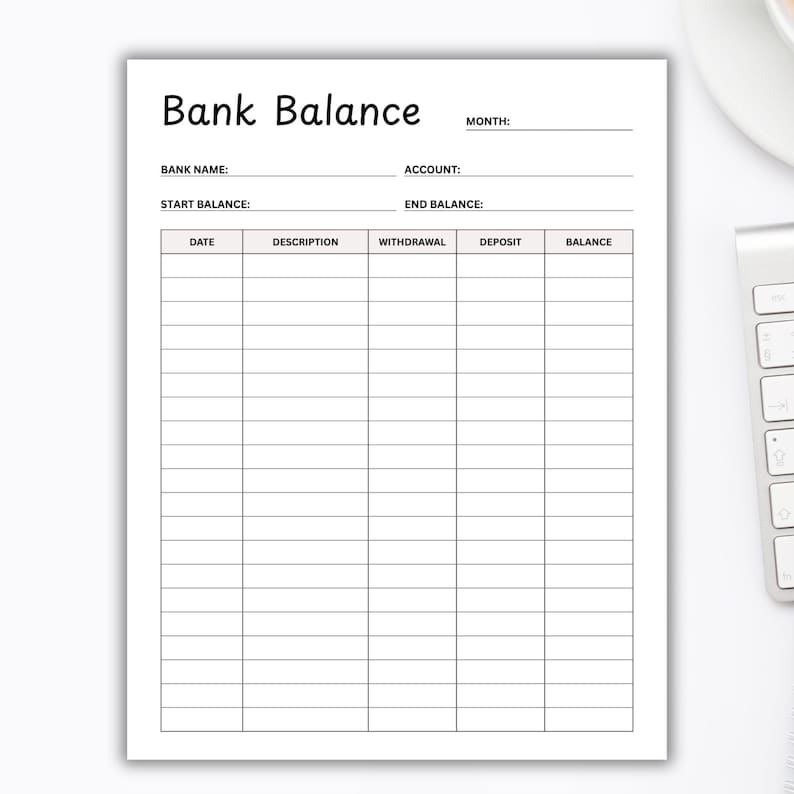 Printable Bank Balance Sheet, Banking Record, Finance Log, Savings ...