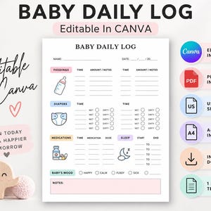 May include: A printable Baby Daily Log template featuring sections for feedings, diapers, medications, sleep, and mood. The document includes icons for a bottle, nappy, medicine bottle, and moon. Text includes "BABY DAILY LOG", "Editable In CANVA", and "PLAN TODAY FOR A HAPPIER TOMORROW".