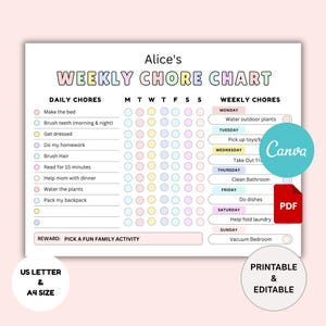 Editable Chore Chart for Kids, Kids Daily Weekly Responsibility Chart, Kids Chore List, Printable Kids Daily Routine Checklist, Daily Chores