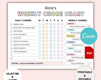 Tabella delle faccende domestiche modificabile per bambini, tabella delle responsabilità giornaliere e settimanali stampabile, lista delle faccende domestiche per bambini, lista di controllo della routine in PDF