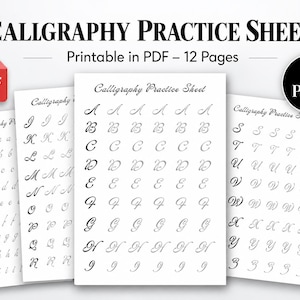 Puede incluir: Un conjunto de hojas de práctica de caligrafía en formato PDF, con un total de 12 páginas. Las hojas muestran filas de letras mayúsculas y minúsculas en cursiva, con el texto CALLIGRAPHY PRACTICE SHEET y 12 Pages claramente visible.