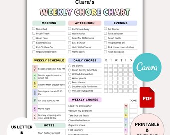 Editable Responsibility Chore Chart for Kids, Printable Responsibility Chart, Daily Weekly Chore Chart Teens, Kids Daily Weekly Schedule PDF