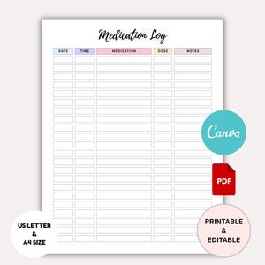 Medication Log Printable, Weekly Medicine Schedule, Medication Tracker, Daily Medicine Record, Health Tracking Sheet for Nurses & Caregivers