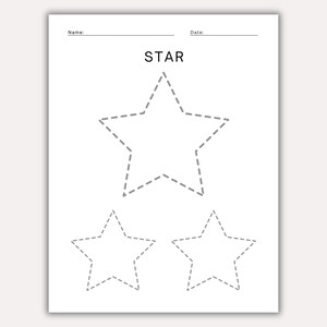 May include: White paper with the word "STAR" printed in black. The image features three star outlines made of dashed lines, designed for tracing. The top of the page has lines for "Name:" and "Date:."