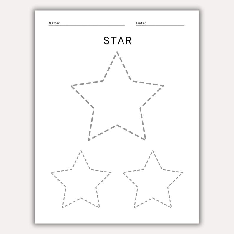 May include: White paper with the word "STAR" printed in black. The image features three star outlines made of dashed lines, designed for tracing. The top of the page has lines for "Name:" and "Date:."