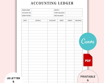 Accounting Ledger Printable, Ledger Book Small Business Bookkeeping, Columnar Paper, Digital Ledger Paper, Printable PDF Ledger Sheets.
