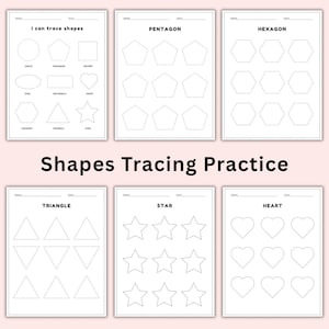 May include: White paper pages with shape tracing practice. The pages include shapes like circles, pentagons, squares, ovals, rectangles, hearts, hexagons, triangles, and stars. The text "Shapes Tracing Practice" is displayed.