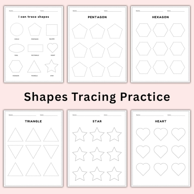 May include: White paper pages with shape tracing practice. The pages include shapes like circles, pentagons, squares, ovals, rectangles, hearts, hexagons, triangles, and stars. The text "Shapes Tracing Practice" is displayed.