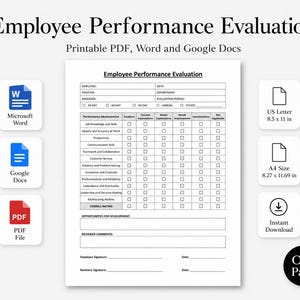May include: A black and white employee performance evaluation form template. The document includes sections for employee details, performance metrics with checkboxes, development opportunities, and signature lines. Available in 21.0 x 29.7 cm format.