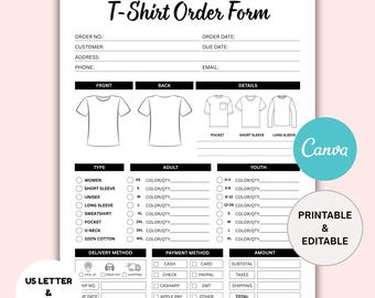 Editable T-Shirt Order Form: Small Business Canva Template (US Letter & A4 Sizes)