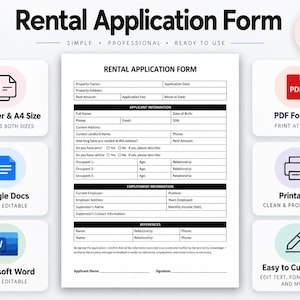 Può includere: Un modello digitale di modulo di richiesta di affitto con sezioni per informazioni sul richiedente, dettagli sull'impiego e referenze. Il documento include campi per proprietario, indirizzo e importo dell'affitto, disponibile in formato A4 e US Letter.