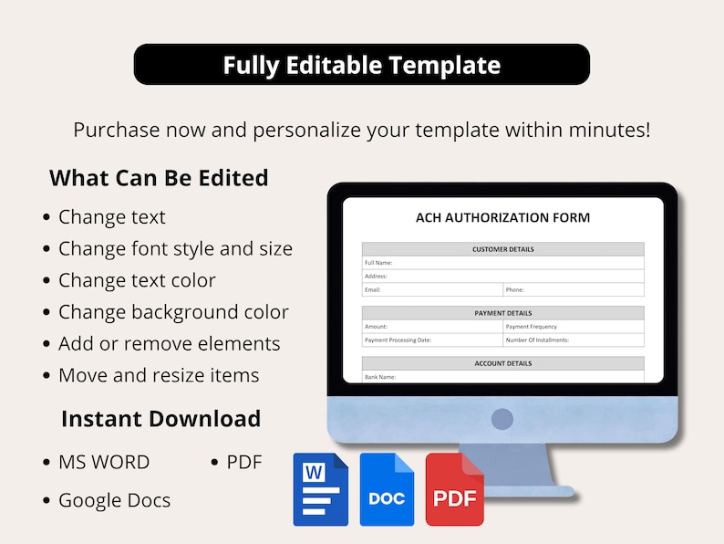 ACH Authorization Form Template, Editable Debit Authorization for ...