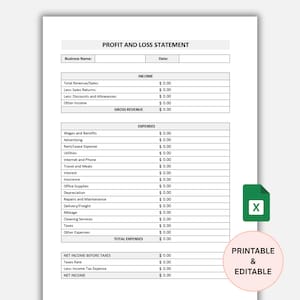 May include: A printable and editable profit and loss statement template. The document includes sections for income and expenses, with fields for business name and date. A green icon with a white "X" is in the lower right corner.