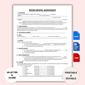 Printable Room Rental Agreement Template, Room Rental Contract, Roommate Lease Agreement, Tenant Room, Room Tenancy Contract Editable WORD