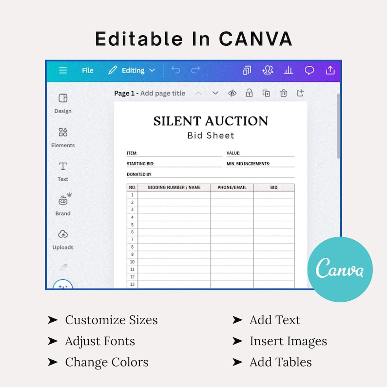 Editable Silent Auction Bid Sheet Template, Printable Fundraiser ...