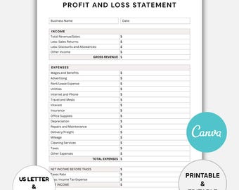 Printable Profit and Loss Statement Template, Profit Calculator, Expense, Income, Bookkeeping, Small Business, Financial Statement Canva PDF