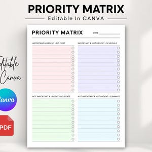 May include: A Priority Matrix planner page featuring four color-coded quadrants: pink for Important & Urgent, purple for Important & Not Urgent, green for Not Important & Urgent, and blue for Not Important & Not Urgent, with lines and checkboxes.