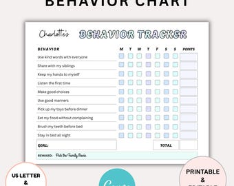 Behavior Reward Chart for Kids, Behavior Tracker for Kids, Good Behavior Chart, Children Behavior Chart, Home, Classroom, Editable Printable