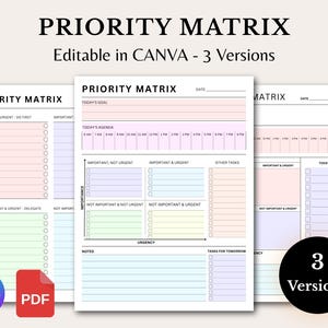 May include: A digital priority matrix planner template featuring three distinct versions. Each page includes sections for goals, agendas, and task categorisation by importance and urgency, with pastel-coloured fields and black text headers.