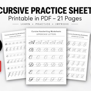 Puede incluir: Un conjunto digital de hojas de práctica de caligrafía cursiva con 21 páginas en formato PDF. Las hojas muestran texto negro sobre papel blanco, presentando letras mayúsculas y minúsculas con guías para la práctica.