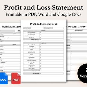 May include: Three profit and loss statement templates in PDF, Word, and Google Docs formats. The documents are white with black text, featuring sections for income and expenses. The image includes icons for Word and PDF versions, and a black circle with the number "3".