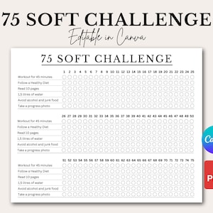 May include: A printable 75 Soft Challenge tracker with a white background and black text. The title "75 SOFT CHALLENGE" is at the top, with the words "Editable in Canva" below it. The tracker includes checkboxes for daily tasks and is available as a PDF.