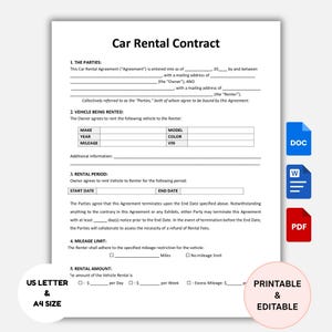 Car Rental Contract Printable Template | Editable Car Rental Agreement | Vehicle Lease Contract | Vehicle Rental | Word PDF Instant Download