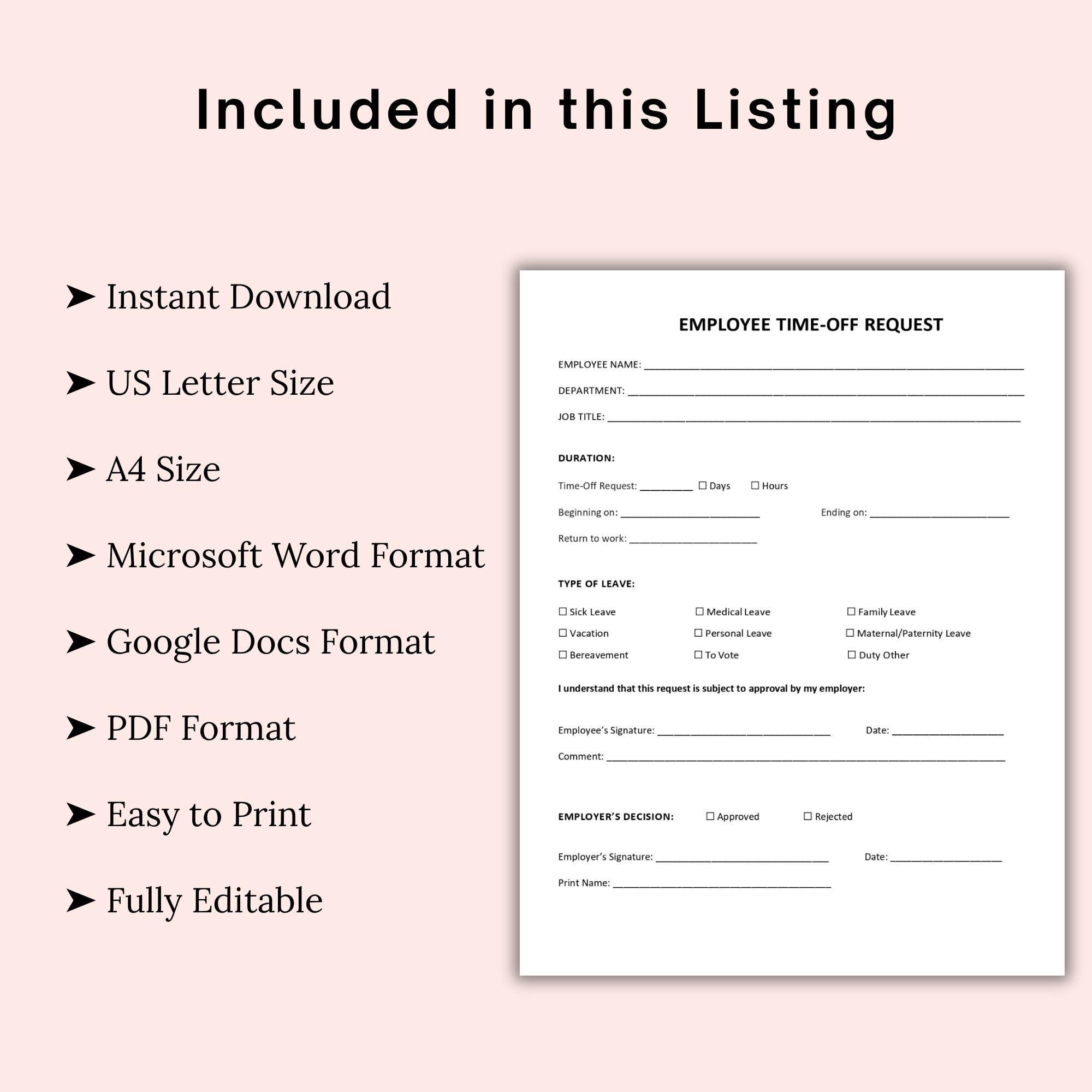 Time Off Request Background Employee Time-off Request Template: Editable Word, PDF, Google Docs ...