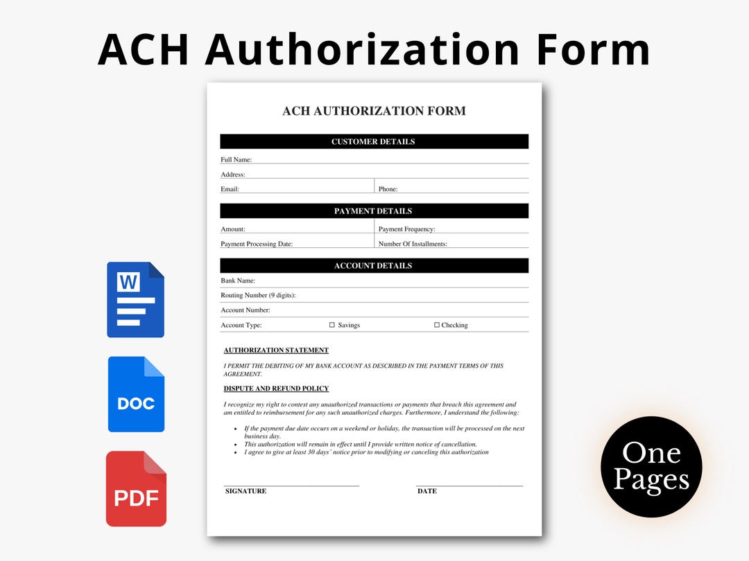 Ah Form.pdf Printable ACH Authorization Form, Editable ACH Debit Form, Eft Consent ...