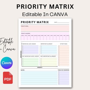 Peut inclure: Une page de planificateur de matrice de priorité avec des sections pour l'objectif du jour, l'agenda avec des créneaux horaires et une grille à quatre quadrants pour l'importance et l'urgence. Inclut des notes et le texte Editable In CANVA et PDF.