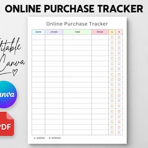 May include: A printable online purchase tracker document featuring columns for date, store, item, price, shipped, and received status. The layout includes a header titled Online Purchase Tracker and a legend at the bottom defining S as shipped and R as received.