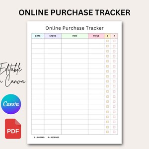 May include: An Online Purchase Tracker template featuring a table with columns for Date, Store, Item, Price, S, and R. The document includes the text Editable in Canva, a Canva logo, a PDF icon, and a legend stating S = Shipped and R = Received.