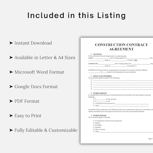 May include: A construction contract agreement template, available for instant download. Features include Letter & A4 sizes, Microsoft Word, Google Docs, and PDF formats. The document is easy to print and fully editable.