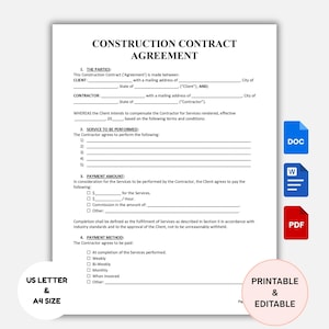Construction Contract Agreement Template Printable | Editable Construction Work Contract | Construction Contract Form | Instant Download PDF