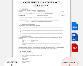 Editable Construction Contract Template: Printable Agreement Form (PDF, Word, Google Docs)