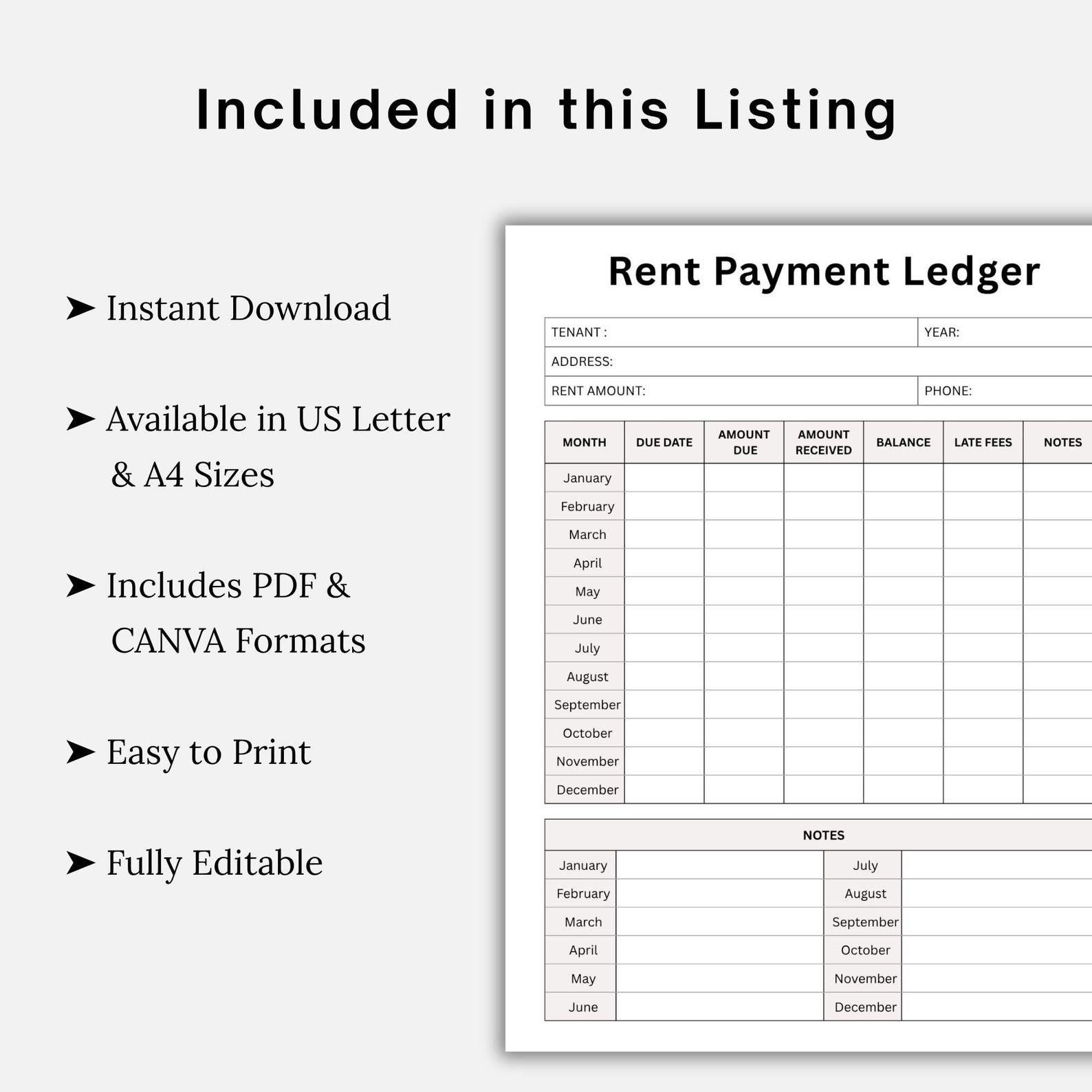 Printable Monthly Rent Payment Ledger, Landlord Rental Income Log ...