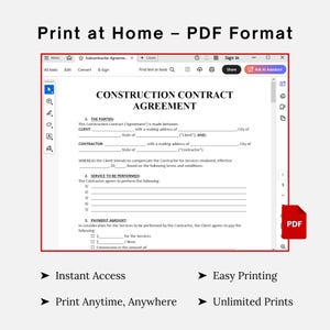 May include: A digital PDF construction contract agreement, ready to print at home. The document includes sections for parties, services, and payment. Features include instant access, easy printing, and unlimited prints.