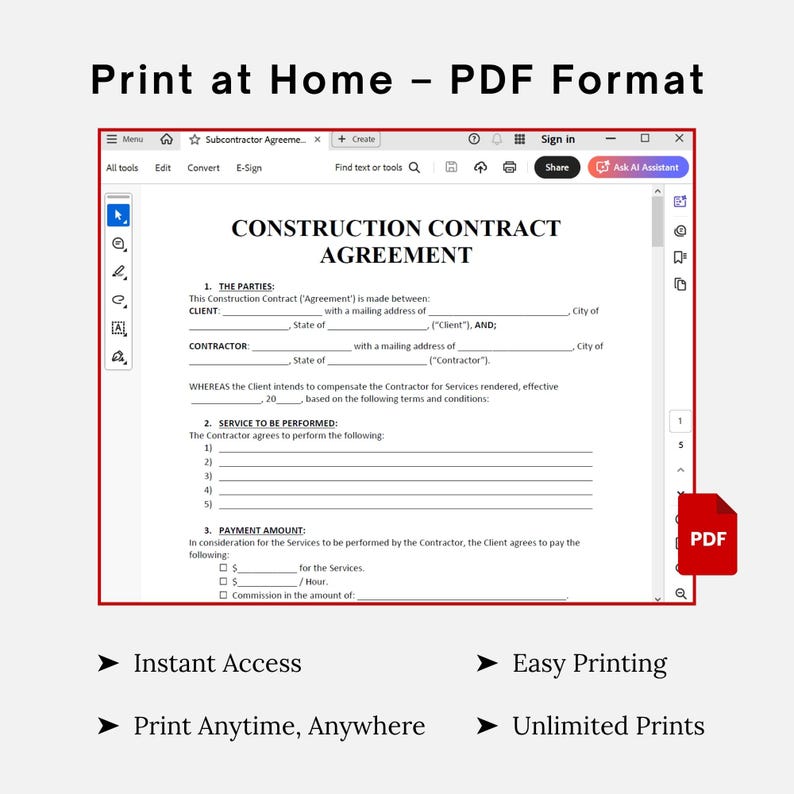 May include: A digital PDF construction contract agreement, ready to print at home. The document includes sections for parties, services, and payment. Features include instant access, easy printing, and unlimited prints.