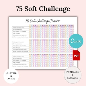 75 Soft Challenge Tracker Editable, 75 Day Soft Challenge Printable, 75 Day Challenge, Self Care Challenge, Fitness & Weight Loss Challenge