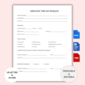 Employee Time-Off Request Template: Editable Word, PDF, Google Docs (Digital Download)