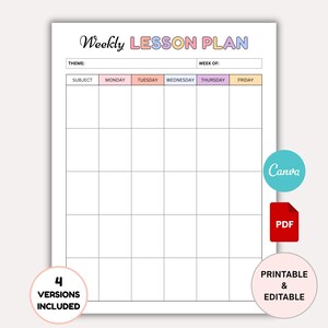 May include: A white printable weekly lesson plan with a grid layout for subjects and daily entries. The title "Weekly LESSON PLAN" is in colorful bubble letters. Includes Canva and PDF icons, and the text "Printable & Editable".